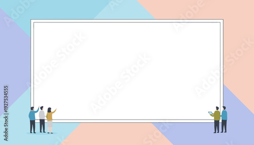 Small stylized people interacting with a large blank white board on a pastel geometric background, representing teamwork and presentation.