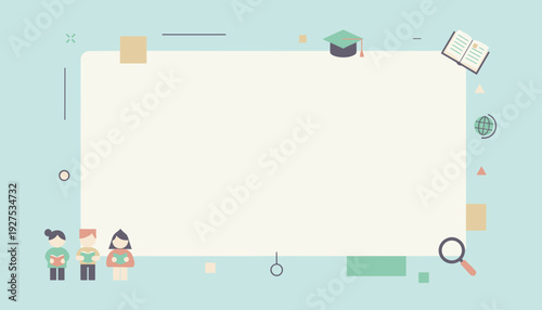A minimalist illustration of an educational background with children, books, and learning symbols on a light blue backdrop.