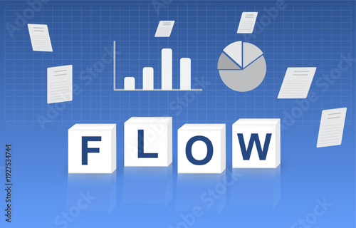 Business workflow concept with 3d blocks spelling flow, bar chart and pie chart analytics, and floating documents on blueprint grid background. Modern infographic about productivity,