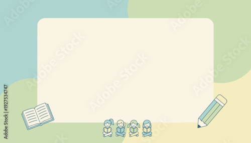 A pastel-colored background with a large blank frame, featuring an open book, four small stylized figures reading, and a large pencil, ideal for educational content or children's themes.