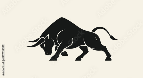 Powerful Black Bull Silhouette with Horns and Muscular Stance.