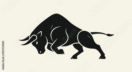 Powerful Black Bull Silhouette on a Light Background.