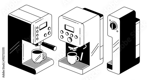 Three isometric coffee machines brewing hot beverages into cups.