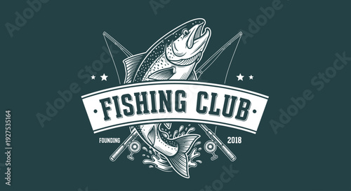 Vintage Fishing Club Logo with Leaping Fish and Fishing Rods.