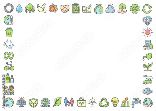 手描きSDGsアイコンのワイド囲みフレーム｜コピースペース広めベクター背景