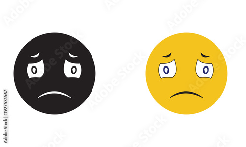 Sad Emoji Faces in Black and Yellow. Two simple sad emoticon faces, one black and one yellow, showing frowns and teary eyes on gray background.