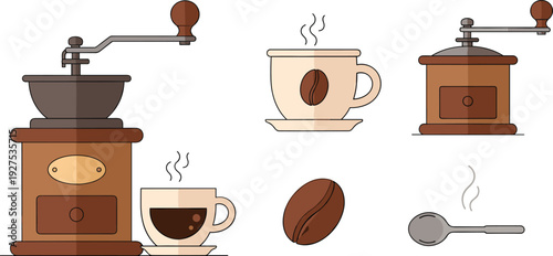 Vintage Coffee Grinder Vector Illustration Set with Manual Burr Mill Steaming Espresso Cup and Roasted Coffee Bean Icons for Cafe and Barista Design