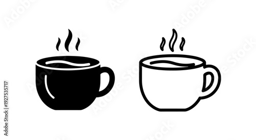 Steaming Coffee Cup Icons: Hot Drink Graphics in Solid Black and Outline