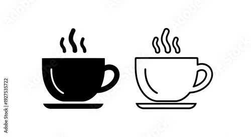 Hot Coffee Cup Icons: Steaming Beverage in Black and Outline Styles