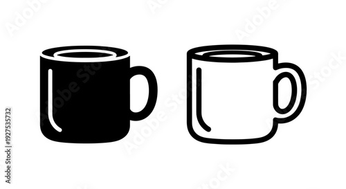 Modern black and white mug icons, solid and outline styles, perfect for cafe branding