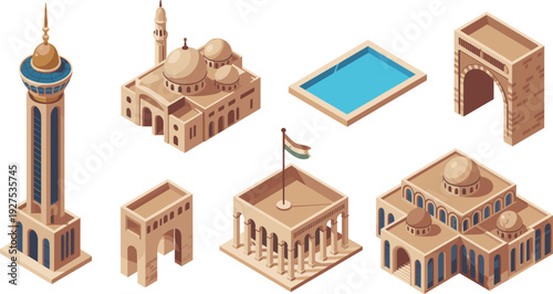 Isometric Middle Eastern architecture set with mosque, minaret, courtyard, archway and traditional Islamic building vector illustration