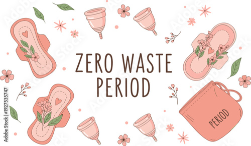 Zero Waste Period Vector Illustration Set with Eco Friendly Reusable Sanitary Pads Menstrual Cups and Floral Sustainable Feminine Hygiene Icons
