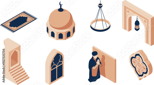 Isometric Islamic religious elements with mosque dome, archway, lantern, prayer rug and Muslim praying vector illustration set