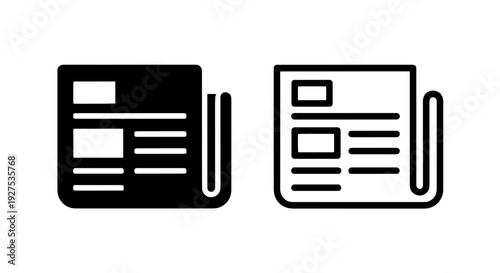 Flat black and white newspaper icons, solid fill and outline, for news and media themes