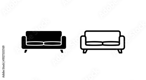 Simple black and white sofa icons, solid and outline styles for interior design