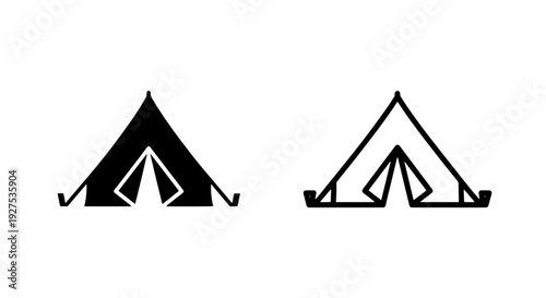 Tent Icon Set: Solid Black and Outline Versions for Camping Graphics