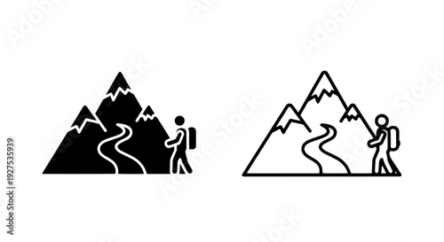 Hiker icon with mountain path, solid and outline vector art for adventure