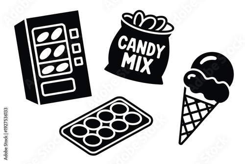 Candy icon set including vending machine and ice cream cone