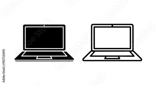 Laptop icons, solid black and outline vector graphic for technology or computer use
