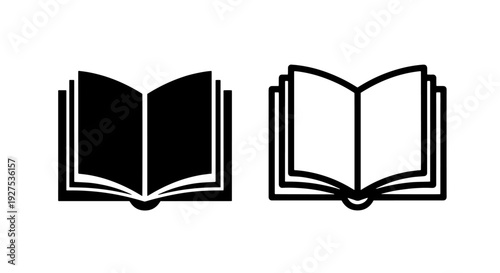 Open book icons, solid black and outline vector graphic for reading or education themes