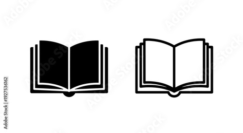 Open book icons, solid black and outline vector graphic for study or library use