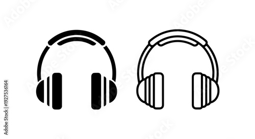 Modern headphones icons: solid black and outline style, perfect for audio apps and technology themes