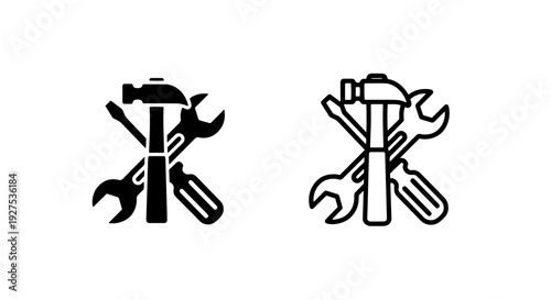 Tools icons: hammer, wrench, and screwdriver in solid and outline styles for repair concepts
