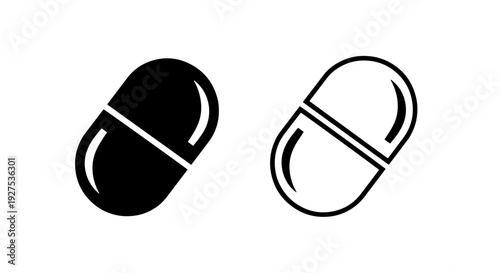 Pill icons, medicine and healthcare symbol, black and white vector set