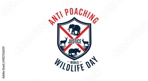 A logo for World Wildlife Day featuring an anti-poaching shield with animals and a 'Justice For All' banner.