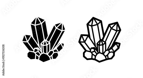 Geometric crystal clusters in black silhouette and outline, clean and modern