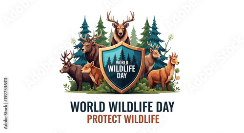 World Wildlife Day logo with shield, animals, and trees promotes wildlife conservation and biodiversity protection for sustainable development.