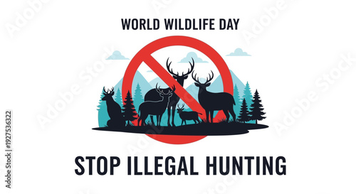 World Wildlife Day poster with stop illegal hunting sign and animals in a forest landscape