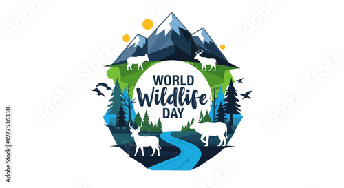 World Wildlife Day logo with animals and mountains promoting biodiversity protection and environmental awareness
