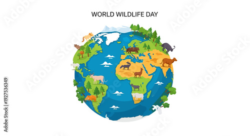 Illustration of Earth celebrating World Wildlife Day with diverse wildlife and greenery, promoting biodiversity protection and environmental awareness.