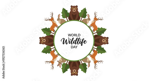 World Wildlife Day illustration with animals and leaves around a logo promoting biodiversity protection and environmental awareness
