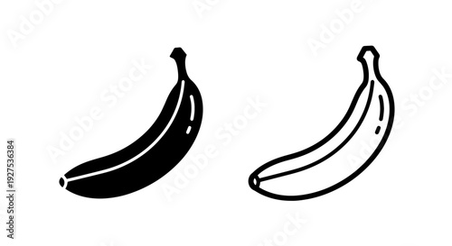 Banana Icons: Black Solid Fill and Outline - Simple Fruit Graphics