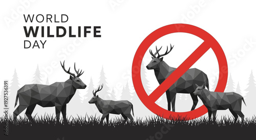 World Wildlife Day illustration with deer family and anti-poaching symbol for biodiversity protection and environmental awareness