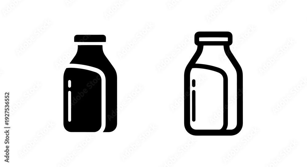 Obraz premium Milk bottle icons: solid black and outline vector illustration for dairy