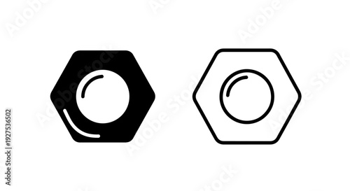 Nut and bolt icons: solid black and outline vector illustration for engineering