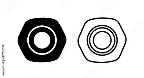 Nut and bolt detail icons: solid black and outline vector illustration