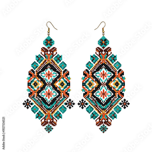 Colorful embroidered earrings with intricate geometric patterns isolated on white background