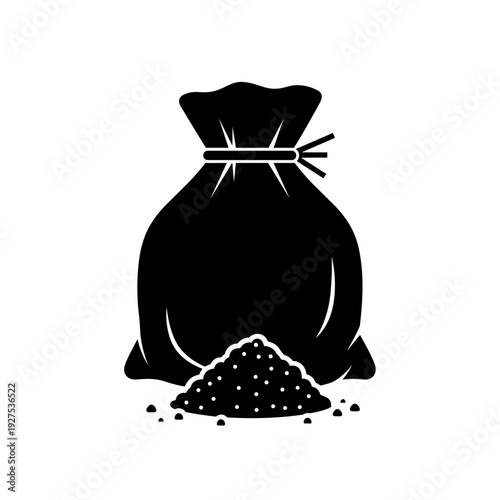 Black salt sachet with scattered granules isolated on white background, silhouetted in a minimalist style