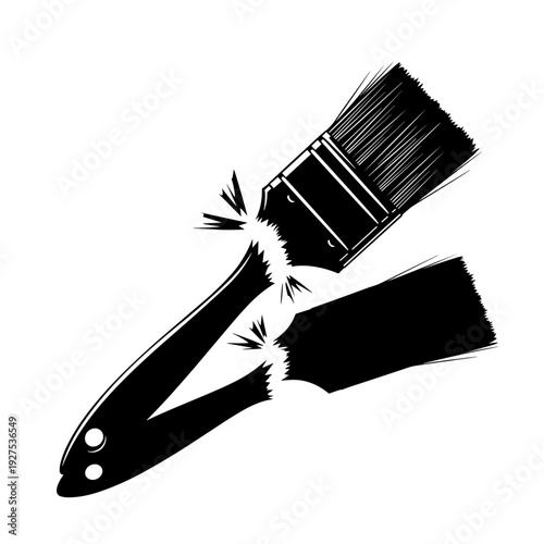 Illustration of a snapped paintbrush with broken bristles isolated on a white background, showcasing a dramatic and artistic style