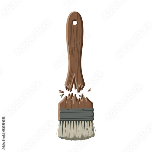 Snapped wooden brush with bristles falling apart, isolated on a clean white background, showcasing broken art tool in detailed illustration style