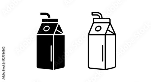 Milk carton icons, solid black and outline, with straw, on white background.