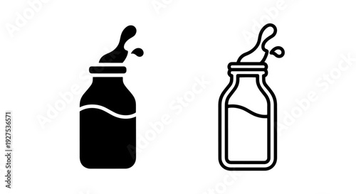 Milk bottle splash icons, solid black and outline, isolated on white background.