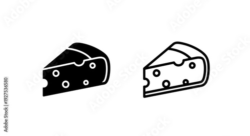 Cheese slice icons, showing holes, solid black and outline, isolated on white.