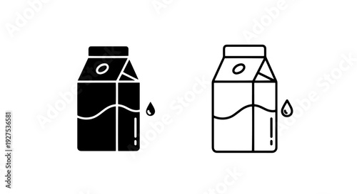 Milk carton icons with a liquid level and drop, solid black and outline.