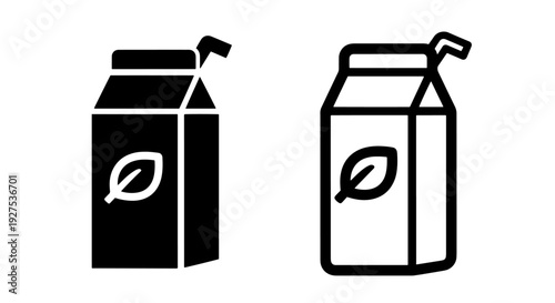 Juice box with leaf icon, black and white outline vector illustration