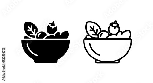 Salad bowl with leaves and tomato icons, black and white outline vector illustration